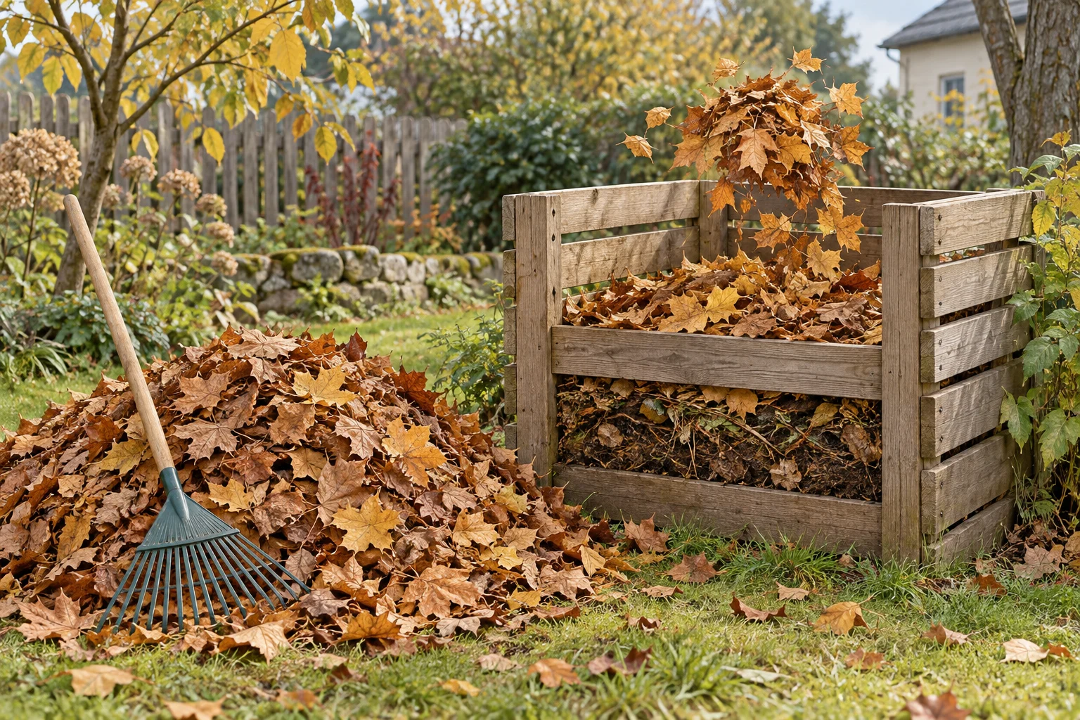 Dry autumn leaves beside a wooden compost bin