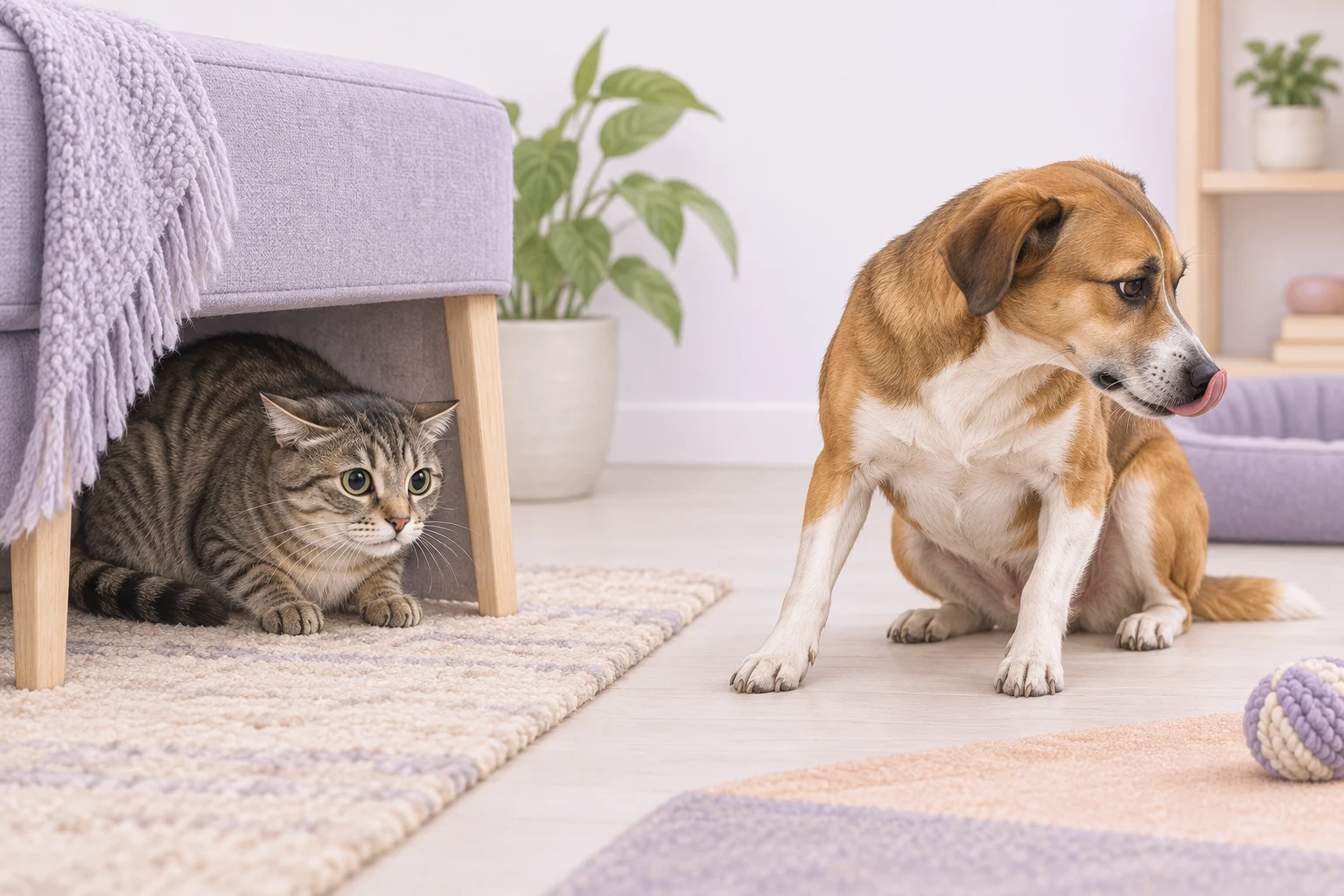 A cat crouches under a chair while a dog turns its head away and licks its lips