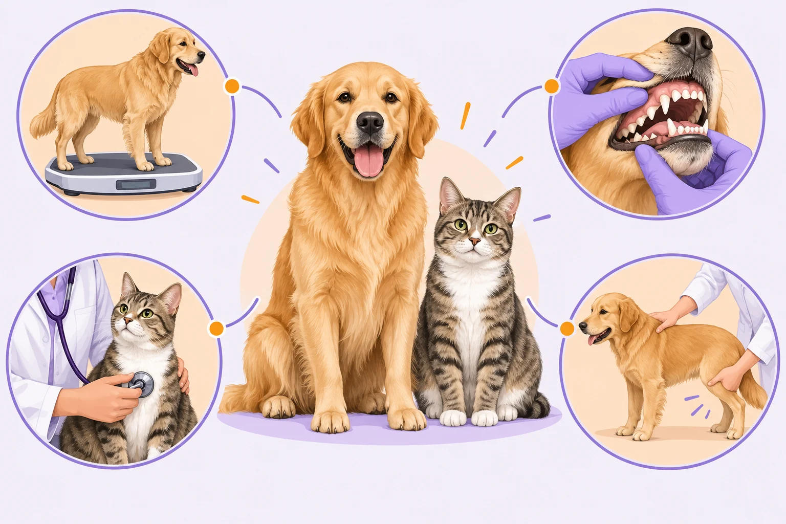 A dog and cat at the centre of a diagram with weighing, a dental check, listening to the heart and lungs, and a mobility check around them