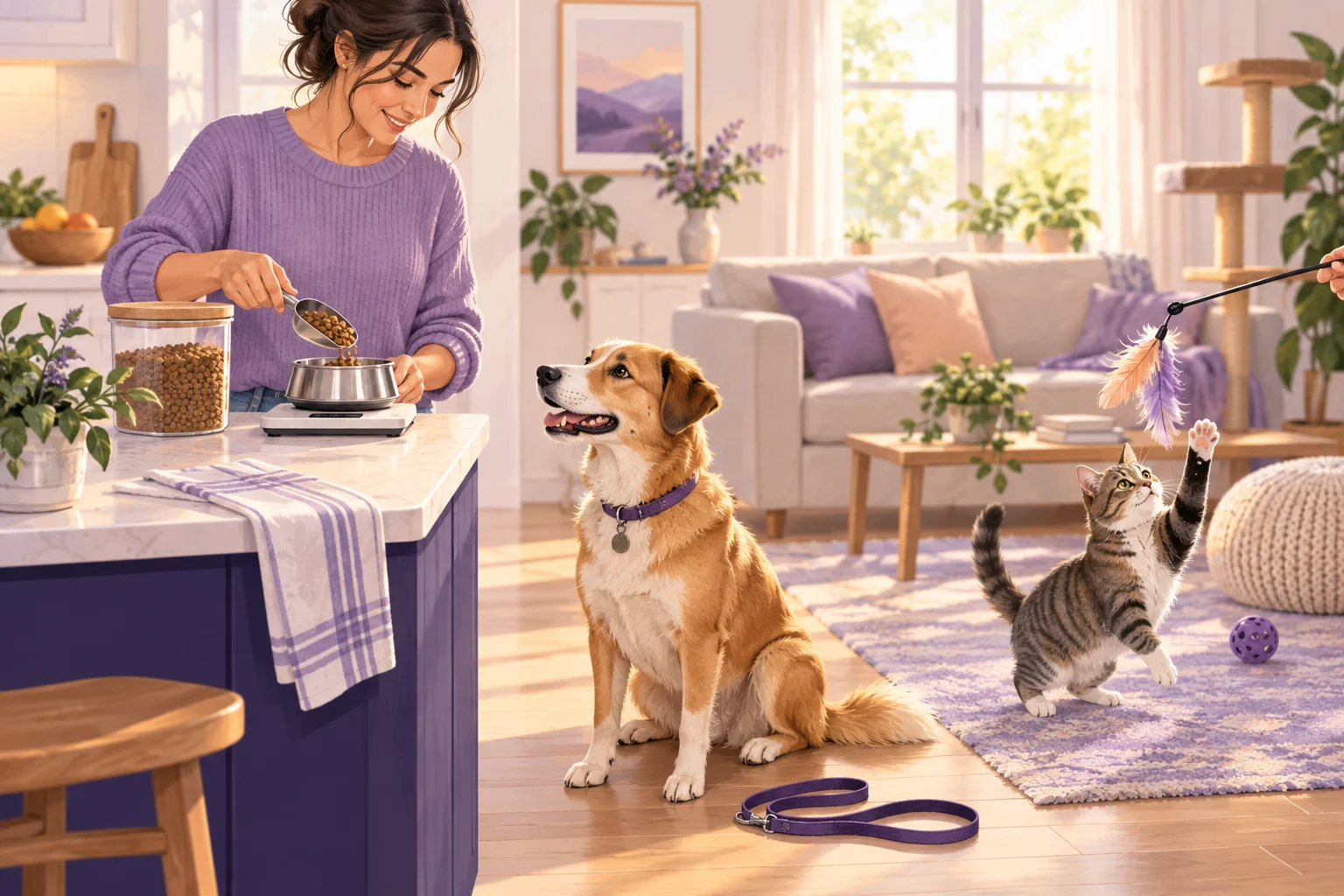An owner measures food for a dog while a cat plays with a wand toy in a bright room