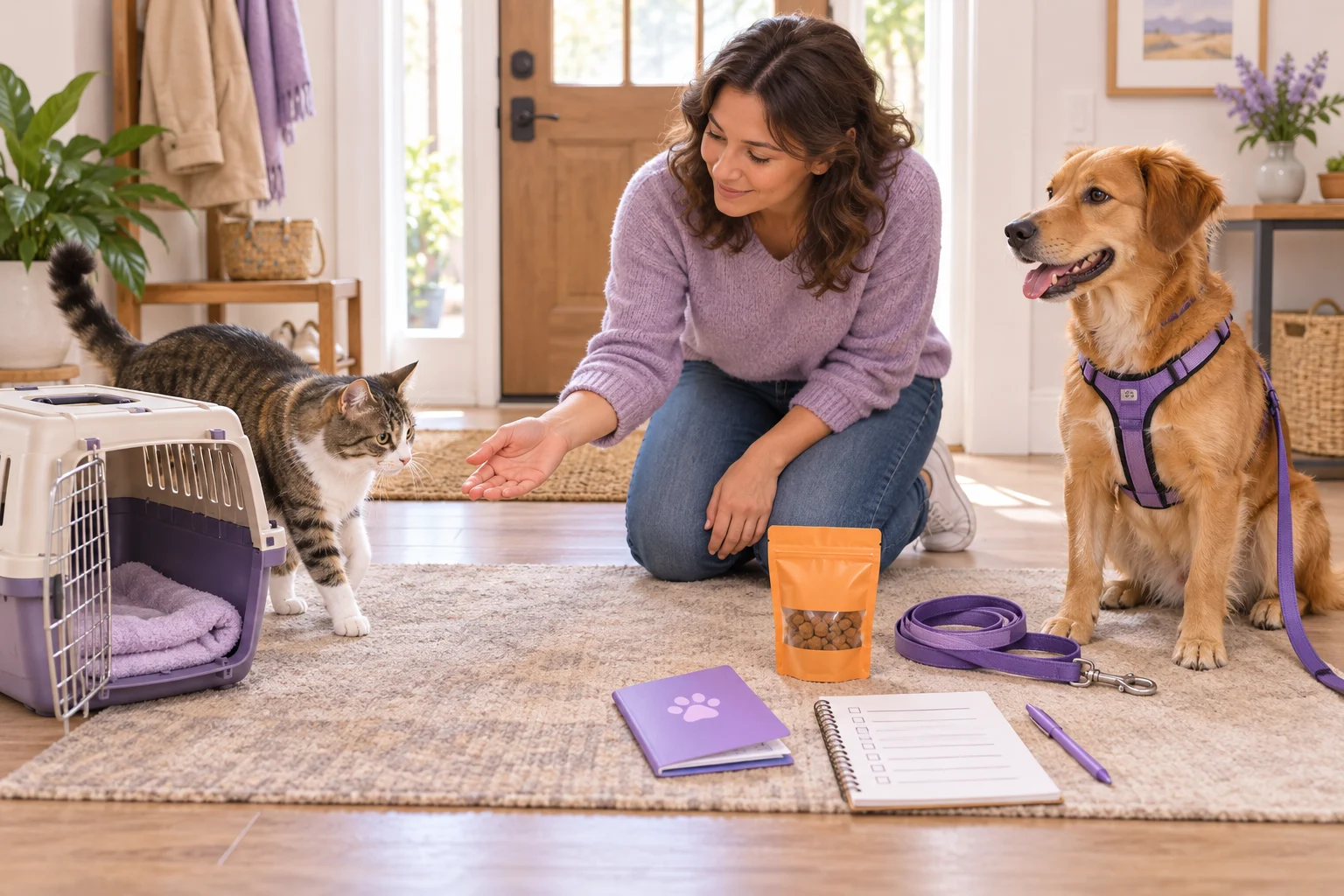 At home, an owner calmly invites a cat towards an open carrier while a dog waits nearby, with a lead, veterinary passport and question list laid out