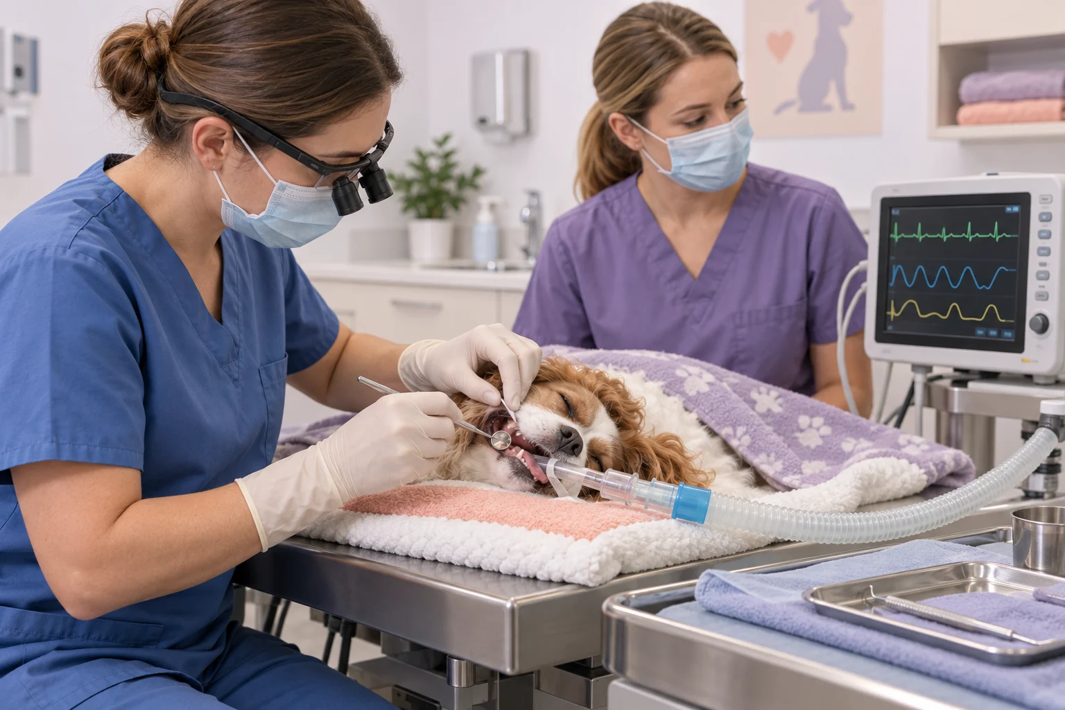 A veterinarian examines a dog’s teeth under general anaesthesia while a nurse watches the patient monitor and the dog is covered with a warm blanket