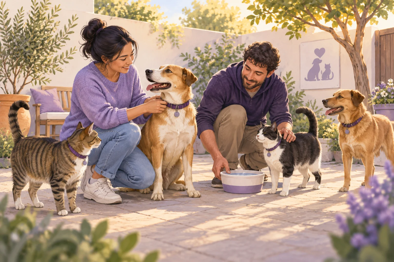 Two volunteers check collars and provide water for a group of adult cats and dogs in a safe courtyard