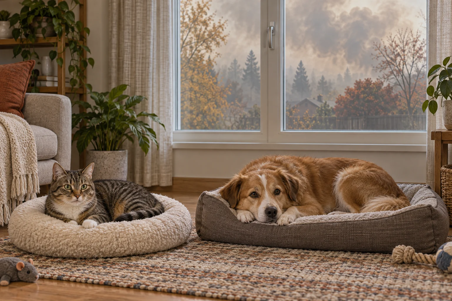 A cat and dog resting in a room with a closed window while smoke is visible outside