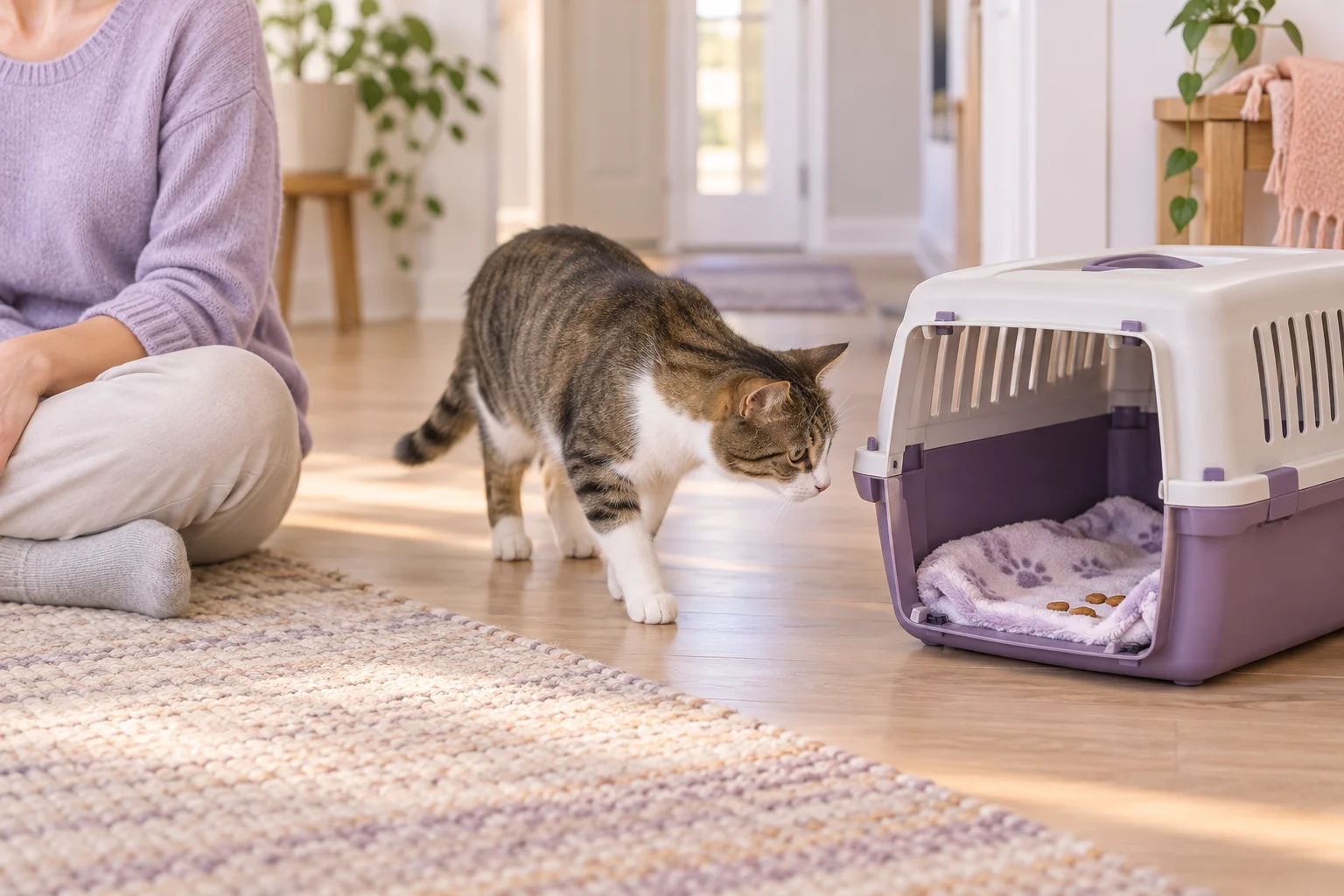A cat approaches an open carrier with a blanket and treats while a person sits calmly to one side