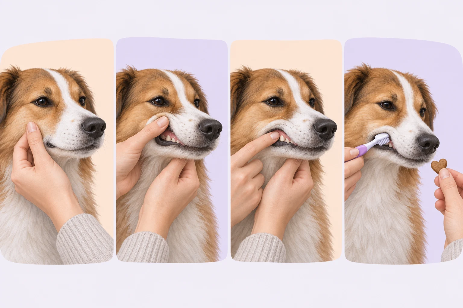 Four stages of introducing a dog to toothbrushing: touching the cheek, lifting the lip, touching a tooth and brushing gently with a reward